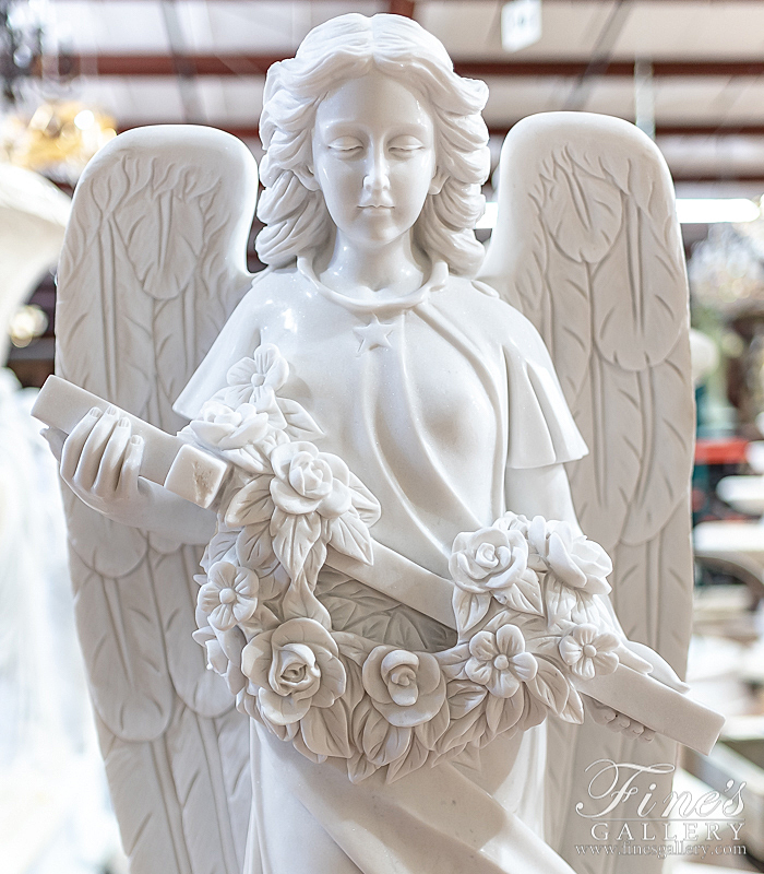 Marble Memorials  - Ornate White Marble Angel - MEM-490